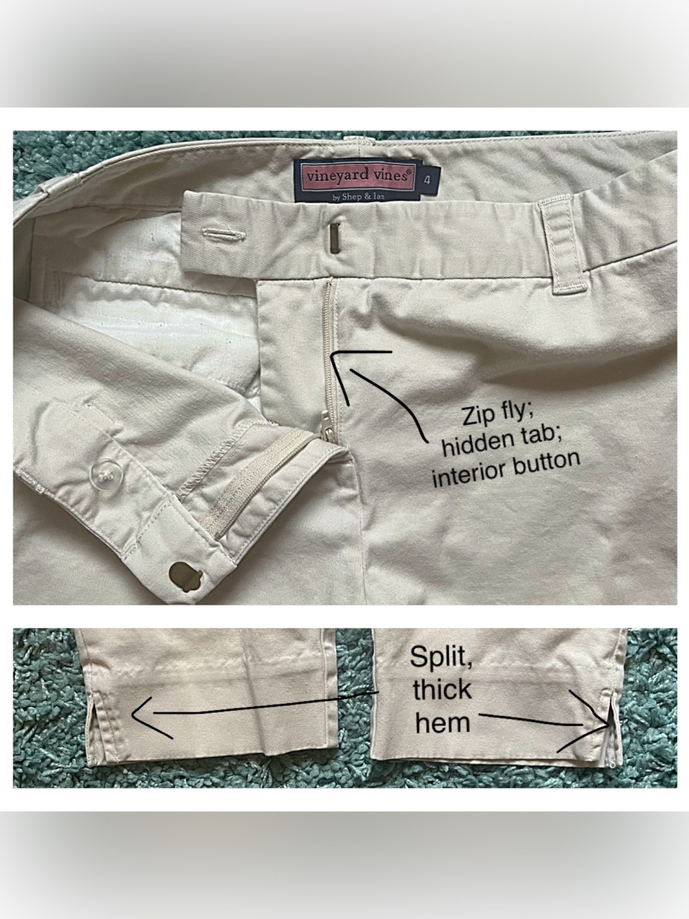Vineyard Vines Cream Crop Chinos Pants Womens 4 Flat Front Split Hem - Picture 7 of 9
